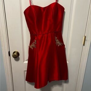 Red Strapless Dress with Gold Accents